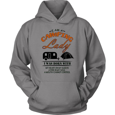 I am a Camping Lady I was Born with My Heart on my Sleeve a Fire in My Soul .. Unisex Hoodie-KaboodleWorld