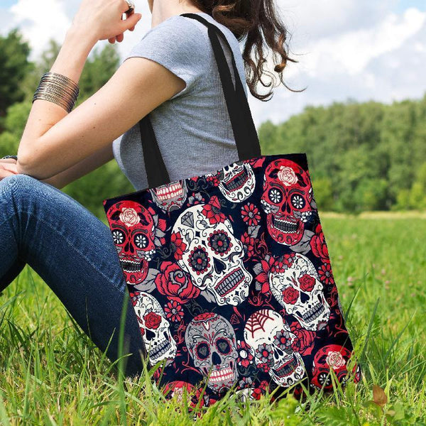 Black Red and White Skulls Cotton Tote-KaboodleWorld