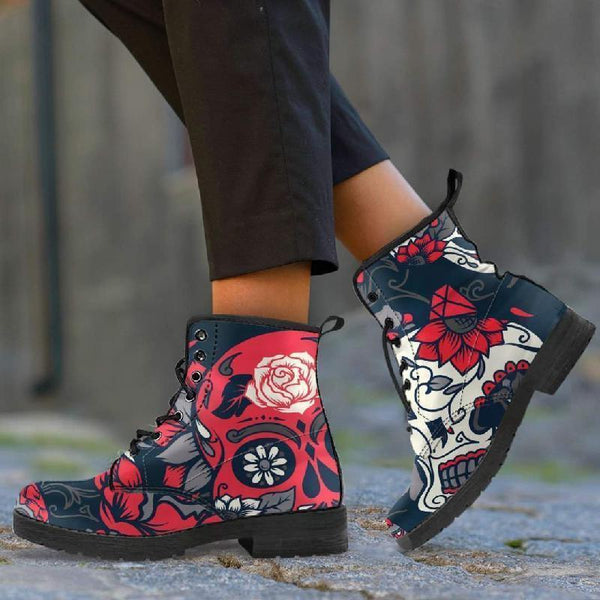 Black White Red Leather Skull Boots-KaboodleWorld