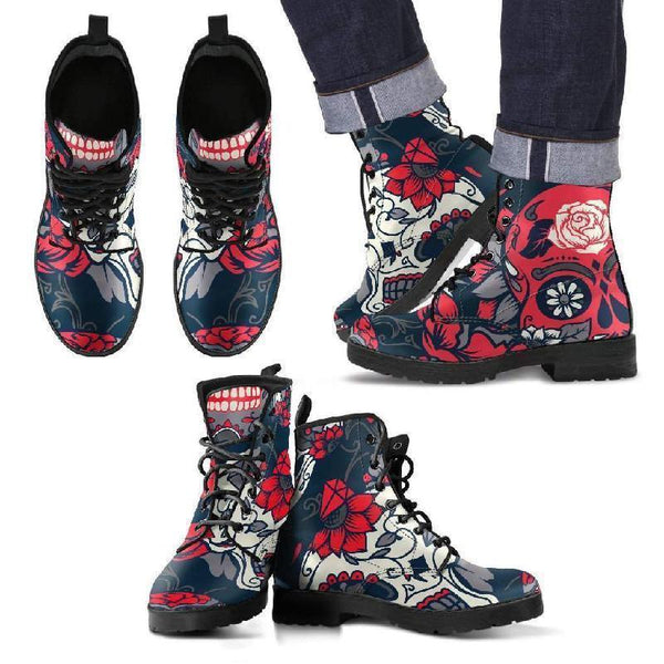 Black White Red Leather Skull Boots-KaboodleWorld