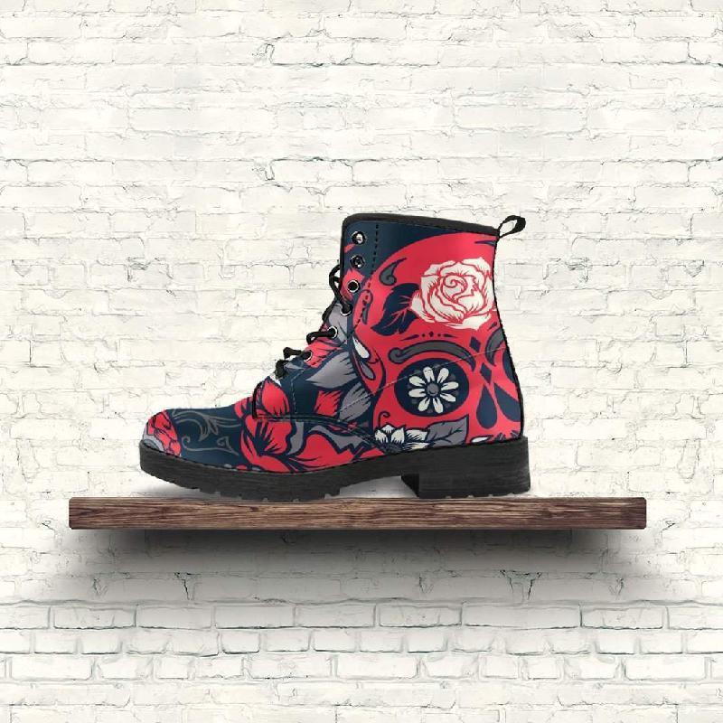 Black White Red Leather Skull Boots-KaboodleWorld