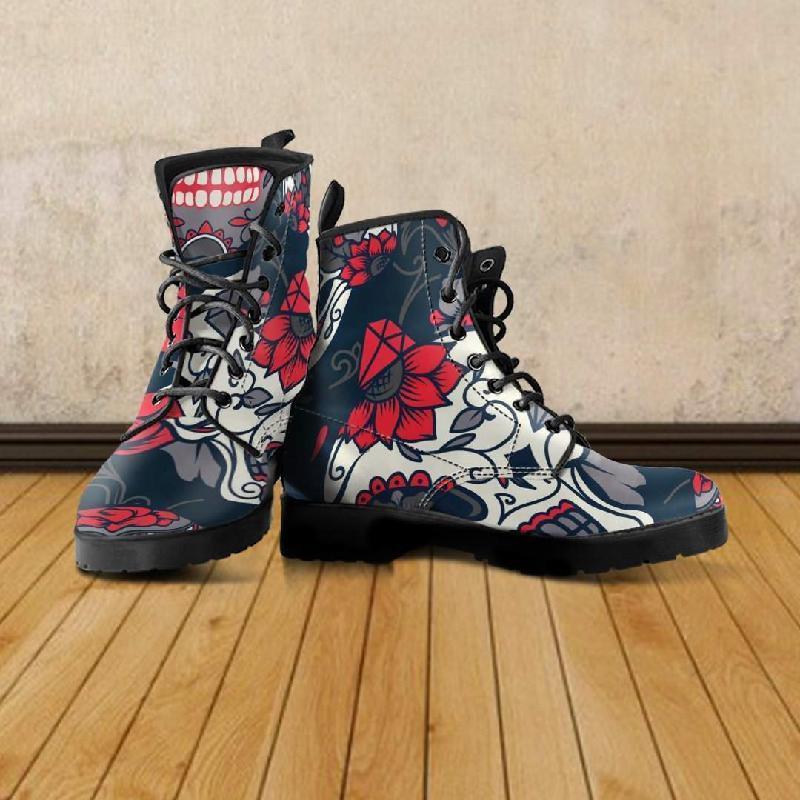 Black White Red Leather Skull Boots-KaboodleWorld