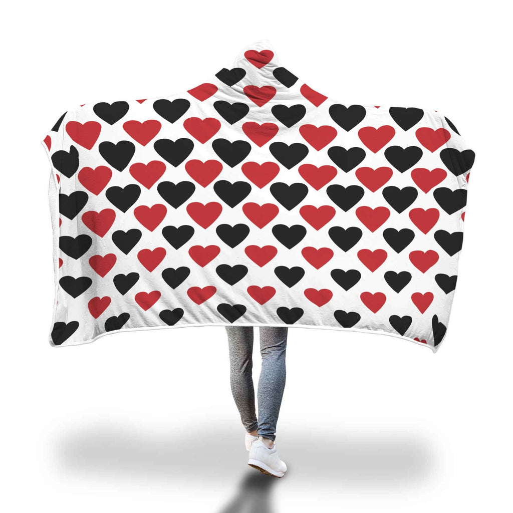 Comfy Red and Black Hearts Hooded Blanket-KaboodleWorld