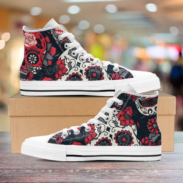 Red White And Black Skull Women High Top Shoes-KaboodleWorld