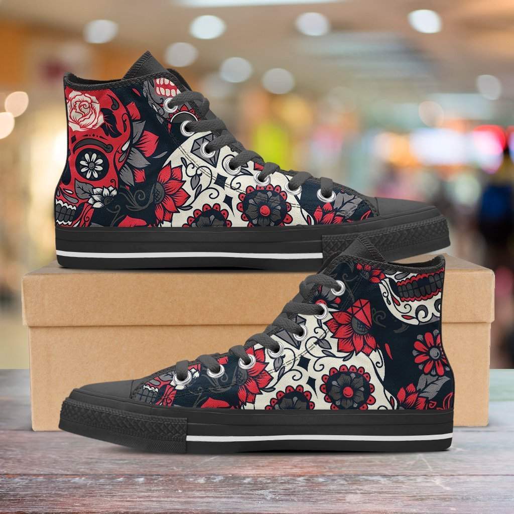 Red White And Black Skull Women High Top Shoes-KaboodleWorld